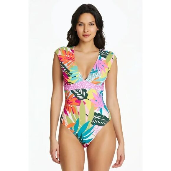 BLEU by Rod Beattie Wild at Heart MIO Floral Short Sleeve One Piece Swimsuit 14 - Picture 1 of 9